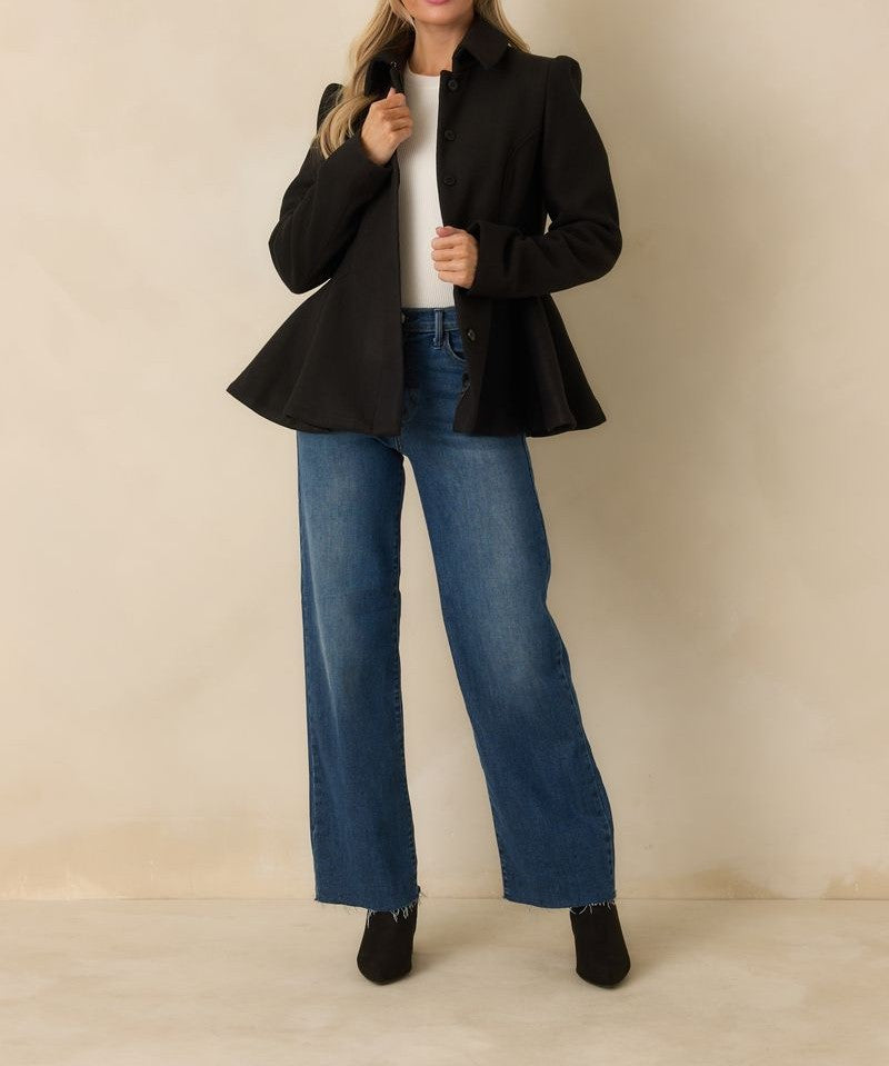 BLACK BUTTON UP PEPLUM LONG SLEEVE FIELDING RIDING JACKET