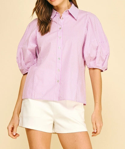 LAVENDER GINGHAM SHORT BALLOON SLEEVE BUTTON UP TOP