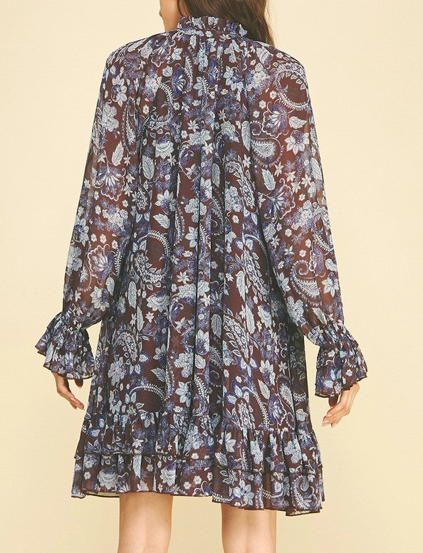 WINE/BROWN FLORAL PRINT LONG SLEEVE RUFFLE TIERED MINI DRESS