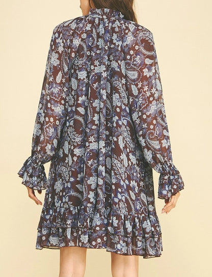 WINE/BROWN FLORAL PRINT LONG SLEEVE RUFFLE TIERED MINI DRESS