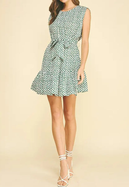 KELLY GREEN &amp; WHITE POLKA DOT TIERED MINI DRESS