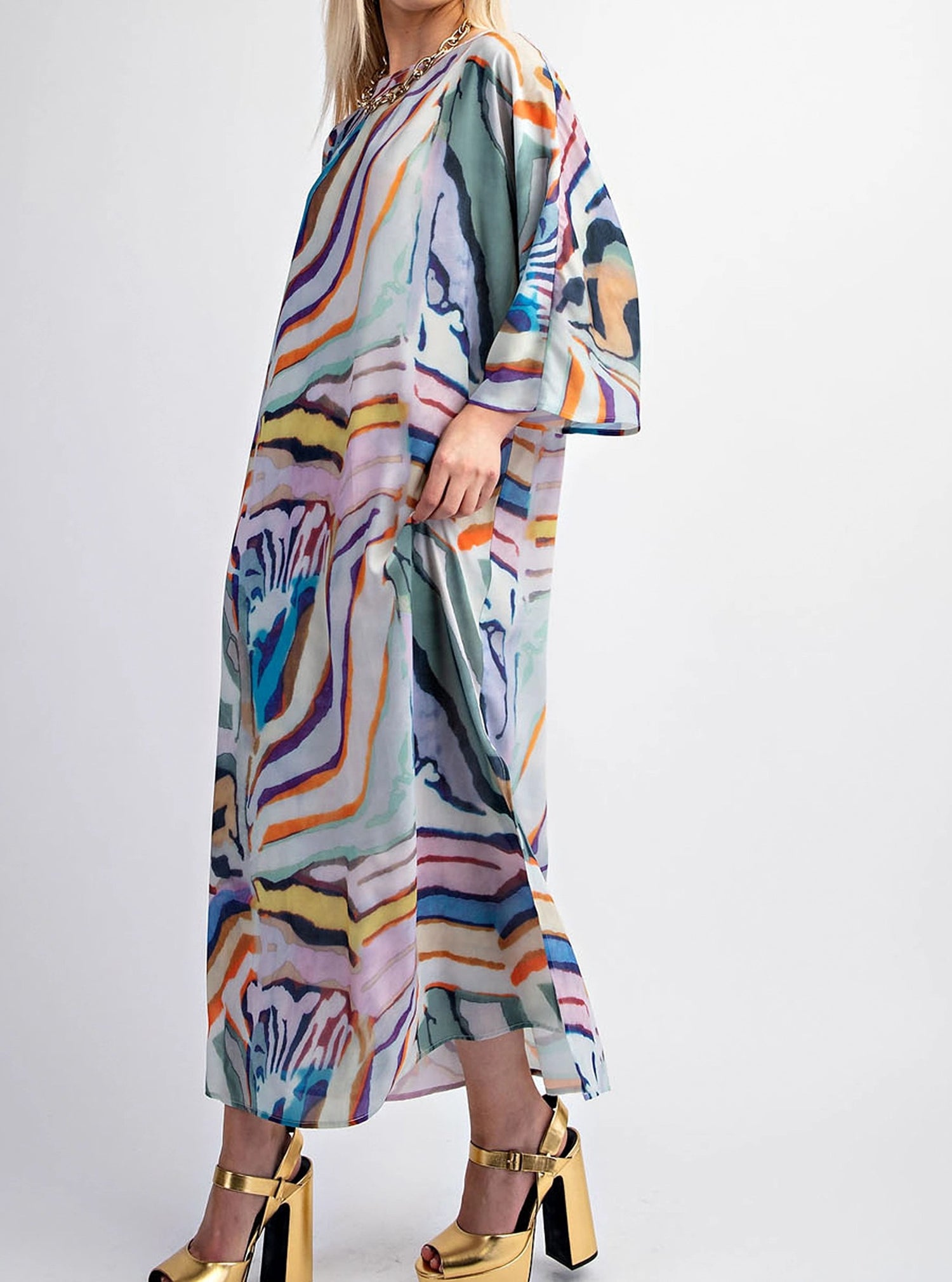 MULTI COLOR PRINT PULL OVER  MAXI KAFTAN DRESS