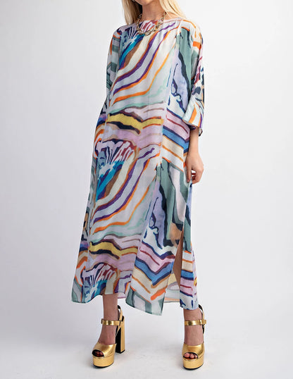 MULTI COLOR PRINT PULL OVER  MAXI KAFTAN DRESS