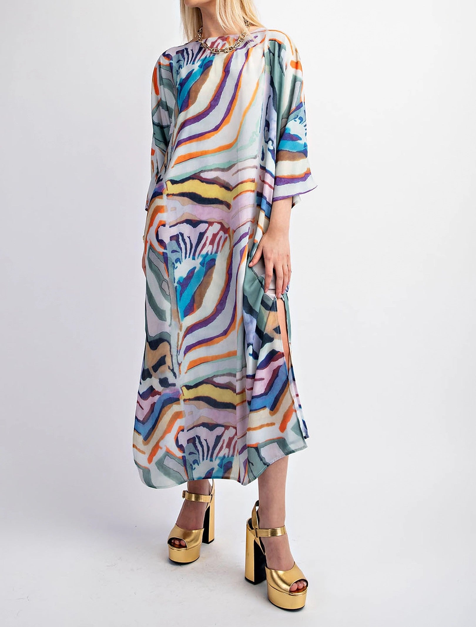 MULTI COLOR PRINT PULL OVER  MAXI KAFTAN DRESS