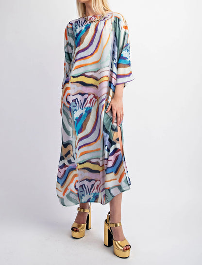 MULTI COLOR PRINT PULL OVER  MAXI KAFTAN DRESS