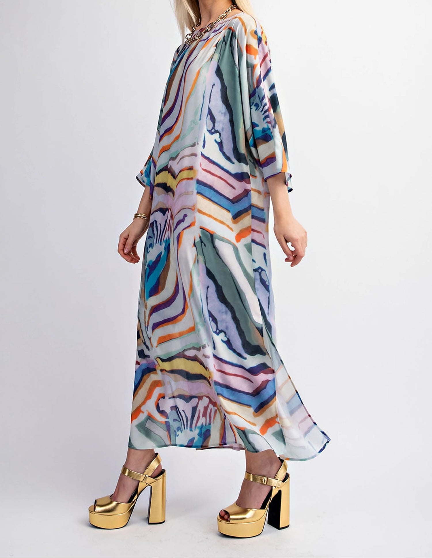 MULTI COLOR PRINT PULL OVER  MAXI KAFTAN DRESS
