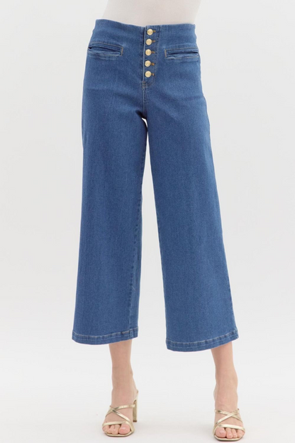 DENIM BLUE MID RISE CULOTTE PANT WITH EXPOSED BUTTONS