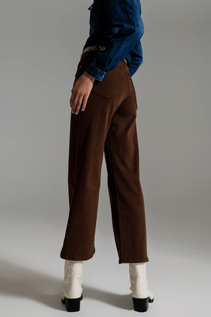 BROWN CROPPED WIDE LEG JEANS