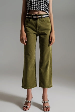 OLIVE GREEN CROPPED WIDE LEG JEANS