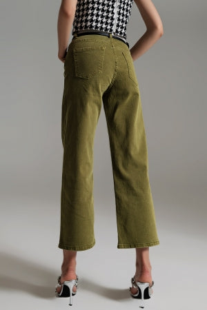OLIVE GREEN CROPPED WIDE LEG JEANS