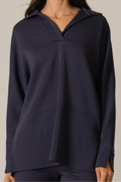 NAVY PCILL COLLARED LONG SLEEVE TOP