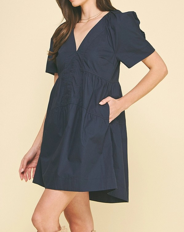 NAVY TIERED VNECK MINI DRESS