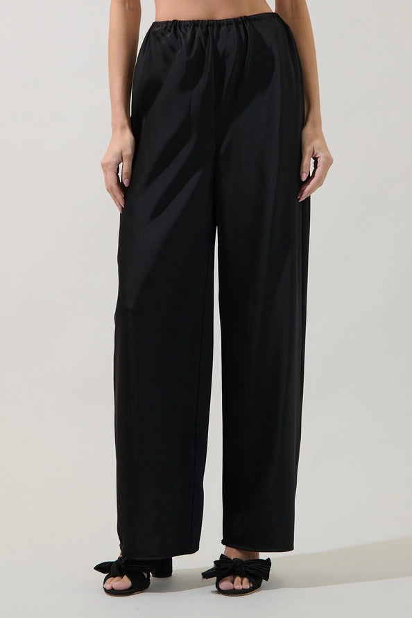 BLACK SATIN ELASTIC WAIST WIDE LEG PANT