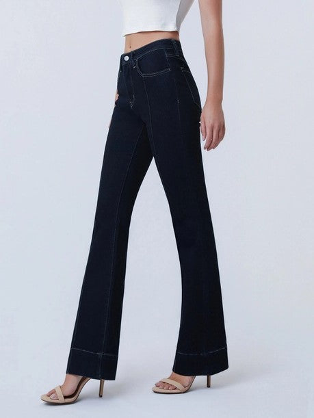 COHESION DARK WASH HIGH RISE PIN TUCK TROUSER HEM BOOTCUT JEANS