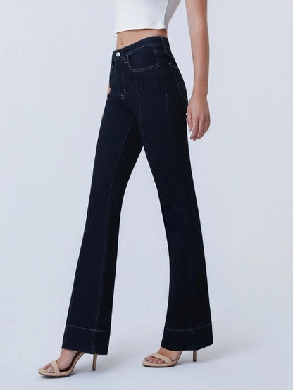 COHESION DARK WASH HIGH RISE PIN TUCK TROUSER HEM BOOTCUT JEANS