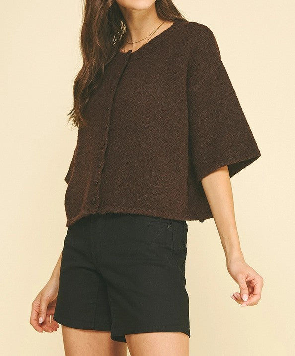 ESPRESSO BROWN BUTTON UP SHORT SLEEVE SWEATER