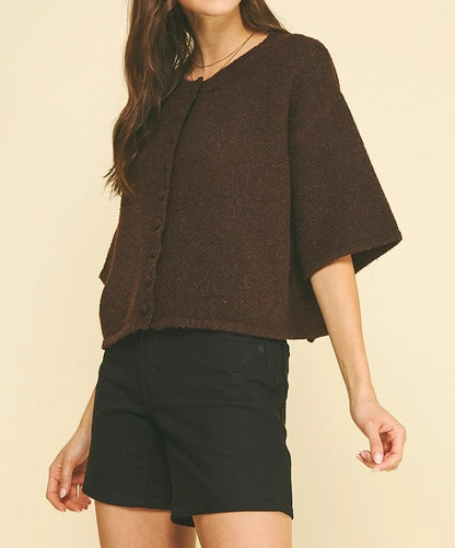 ESPRESSO BROWN BUTTON UP SHORT SLEEVE SWEATER