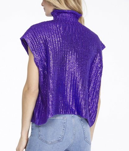 PURPLE METALLIC FOIL MOCK NECK SWEATER VEST