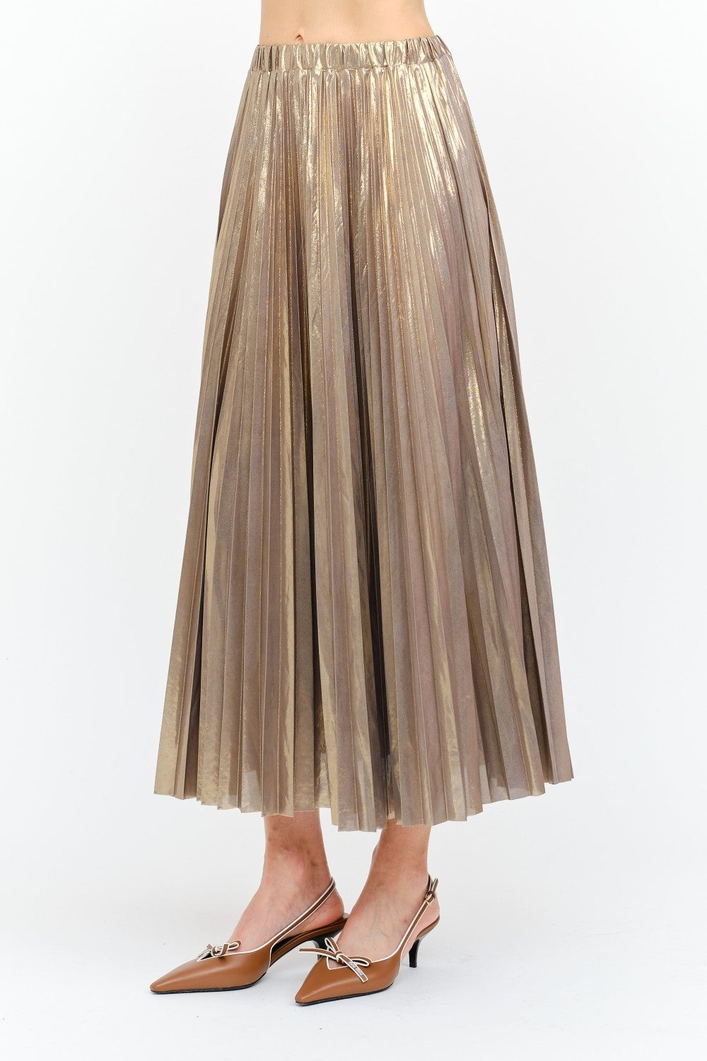GUNMETAL GOLD METALLIC LAME PLEATED ALESSANDRA MIDI SKIRT