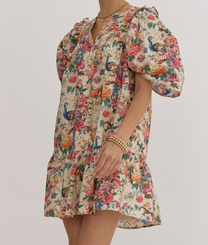 NATURAL FLORAL PRINT MINI DRESS