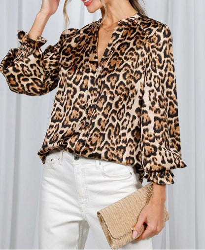 BROWN LEOPARD PRINT LONG BALLOON SLEEVE TOP