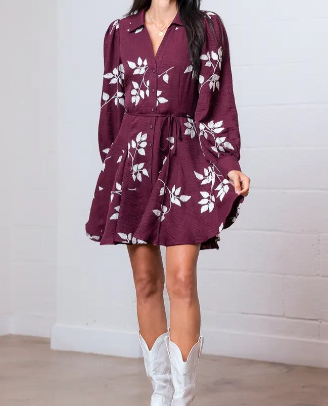 BURGUNDY/WHITE EMBROIDERED LONG SLEEVE BUTTON DOWN MINI DRESS