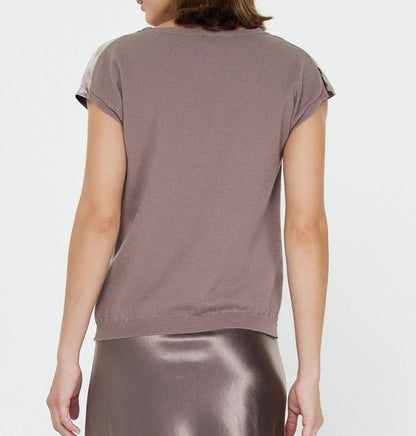 MAUVE/PEWTER COWL NECK SILKY SWEATER BACK