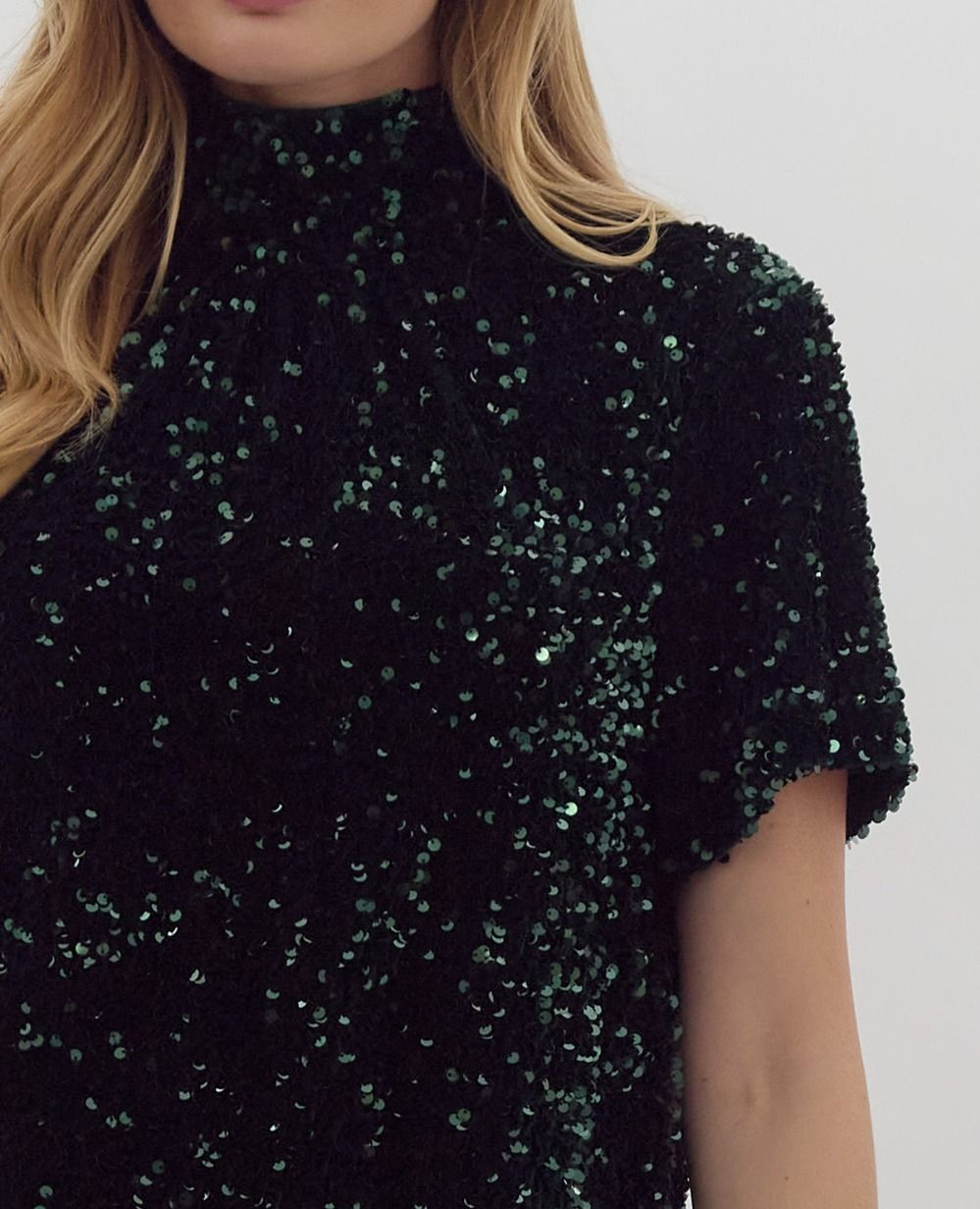 EMERALD GREEN SEQUIN MOCK NECK MINI DRESS