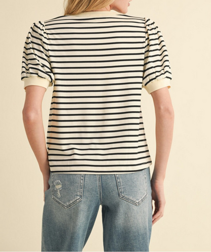 BLACK STRIPED BUBBLE SLEEVE TOP