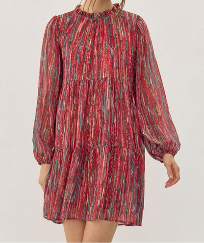 *EXTENDED SIZE* RED MULTICOLORED CHIFFON LONG SLEEVE DRESS