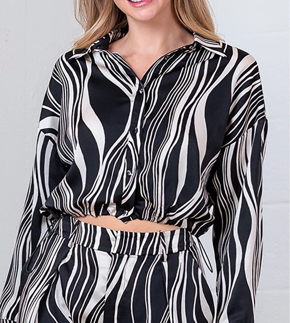 BLACK/IVORY PRINT BUTTON-DOWN ELASTIC HEM LONG SLEEVE SHIRT