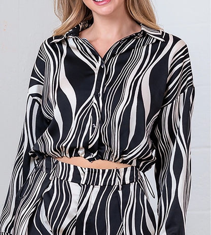 BLACK/IVORY PRINT BUTTON-DOWN ELASTIC HEM LONG SLEEVE SHIRT