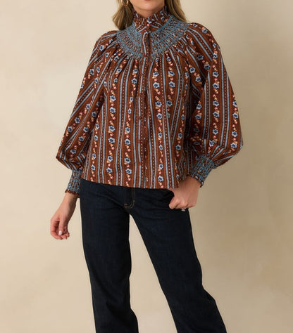 FIRESIDE FLORAL LONG VOLUMINOUS SLEEVE SMOCKED BEDFORD TOP