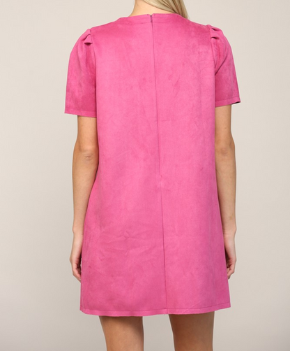 MAGENTA PINK JEWEL EMBELLISHED PUFF SLEEVE SHIFT DRESS