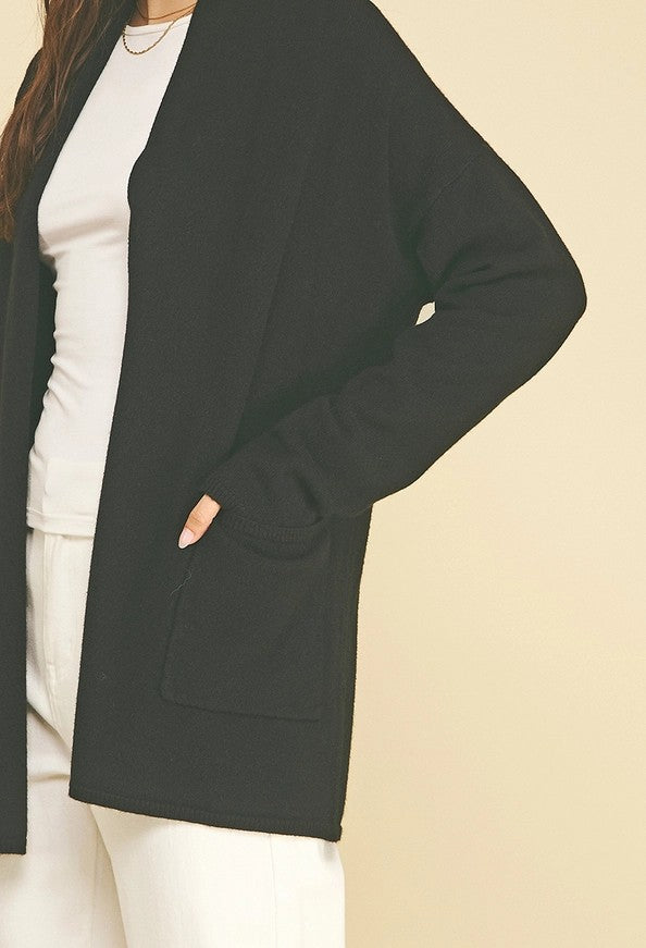 BLACK OPEN FRONT KNIT CARDIGAN SWEATER