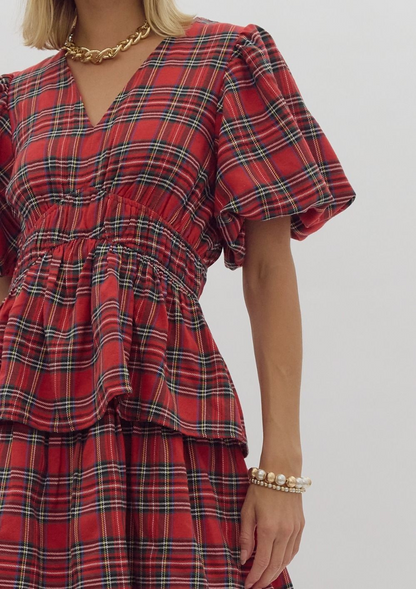 RED PLAID PRINTED BUBBLE SLEEVE TIERED MIDI DRESS