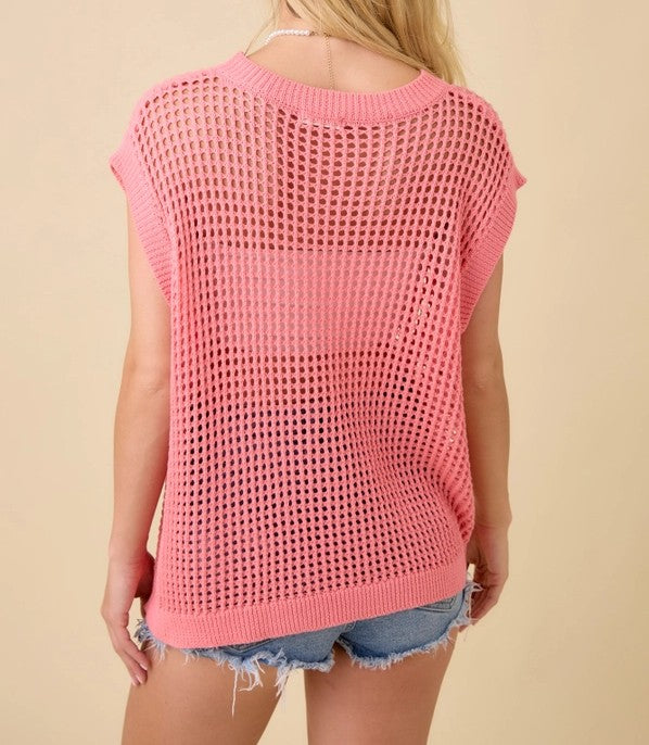 CORAL PINK 3D FLORAL YARN EMBROIDERED CROCHET SWEATER KNIT TOP