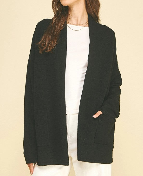 BLACK OPEN FRONT KNIT CARDIGAN SWEATER