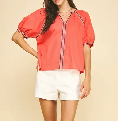TOMATO RED CONTRAST STITCH DETAIL SHORT BALLOON SLEEVE TOP