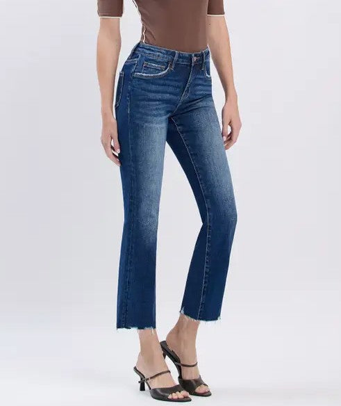 PORTABLE MEDIUM DARK WASH MID RISE CROP MINI BOOTCUT JEANS