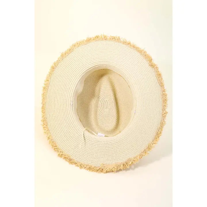 IVORY STRAW BRAIDED FRINGE FEDORA SUN HAT