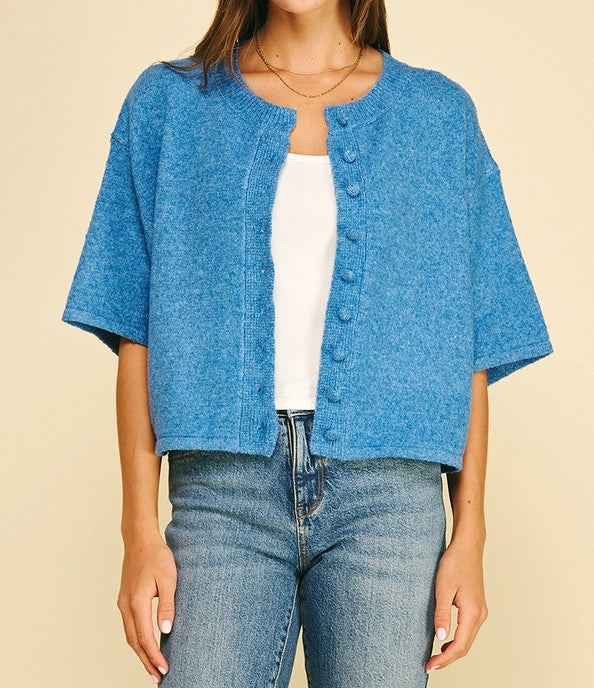 URBAN BLUE BUTTON UP SHORT SLEEVE SWEATER
