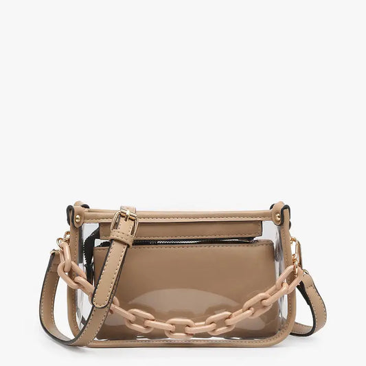 TAUPE JESSICA CLEAR CROSSBODY PURSE WITH STRAP & CHAIN