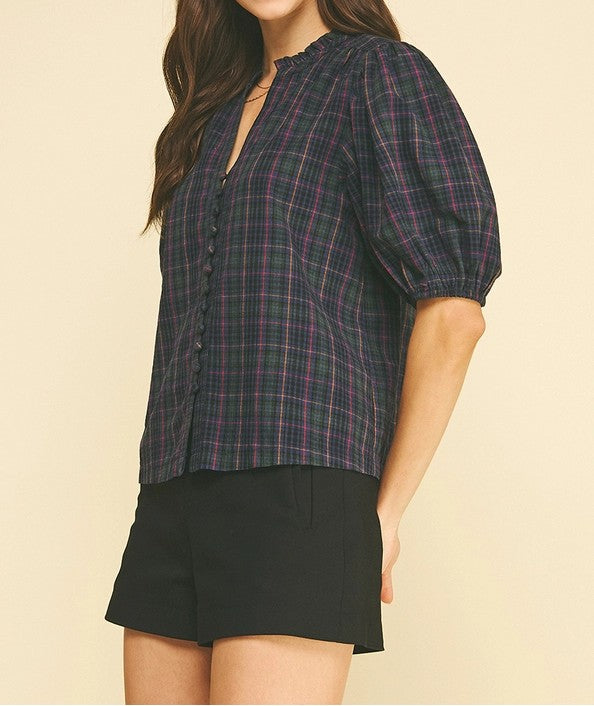 NAVY MULTI PLAID PRINT SHORT PUFF SLEEVE BUTTON UP TOP