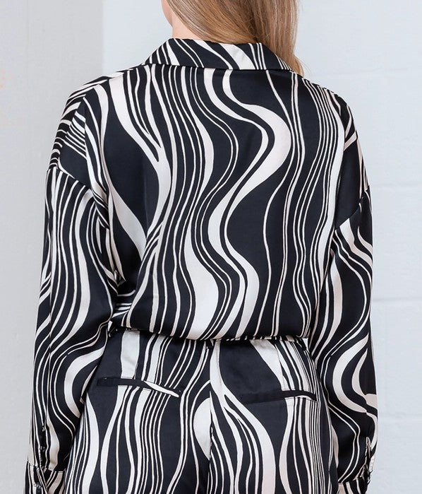 BLACK/IVORY PRINT BUTTON-DOWN ELASTIC HEM LONG SLEEVE SHIRT