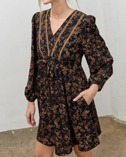 BLACK MULTI FLORAL VNECK LONG BUBBLE SLEEVE MINI DRESS
