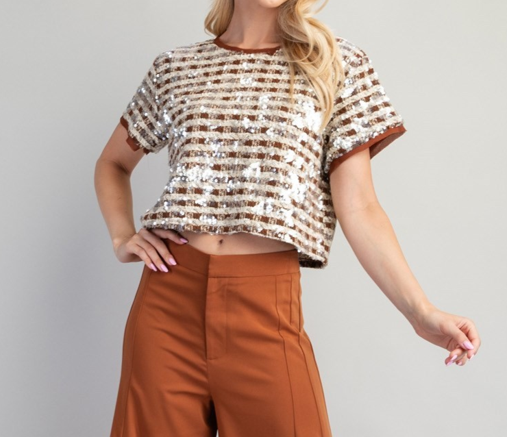 BROWN STRIPED SEQUIN CREW NECK CROP TOP