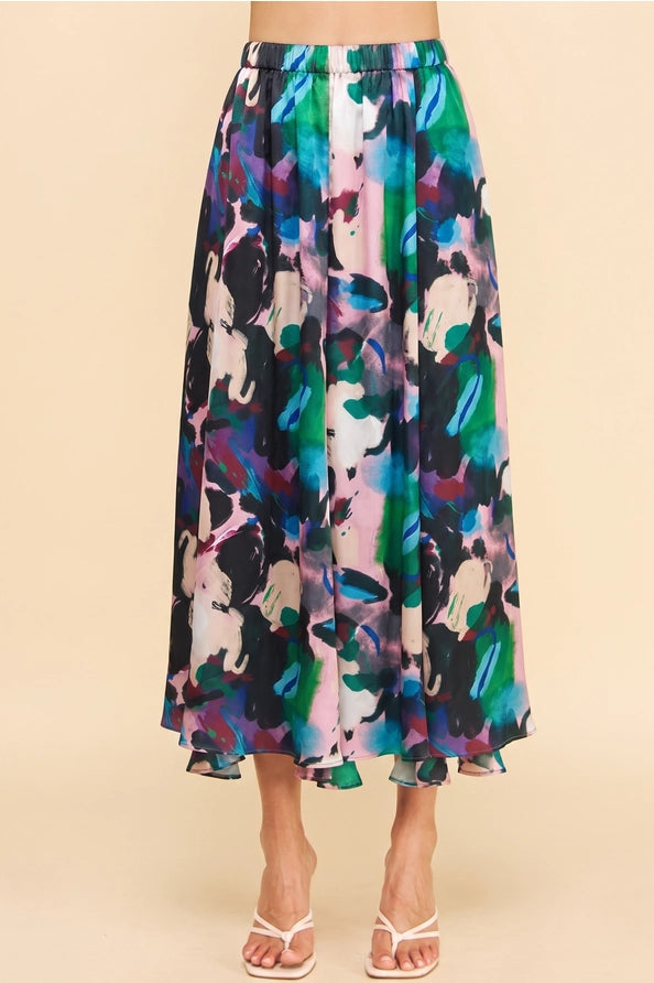 MUTLI COLOR ABSTRACT PRINT ELASTIC WAIST FLOWY MIDI SKIRT