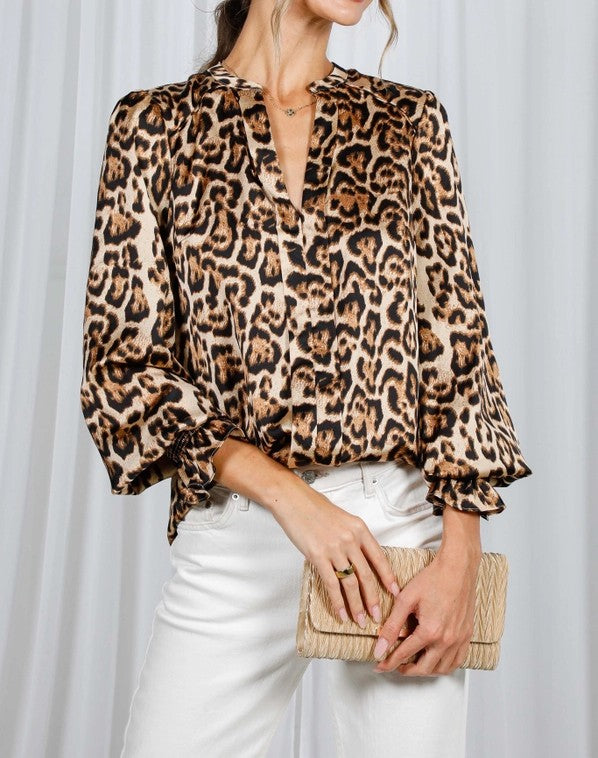 BROWN LEOPARD PRINT LONG BALLOON SLEEVE TOP