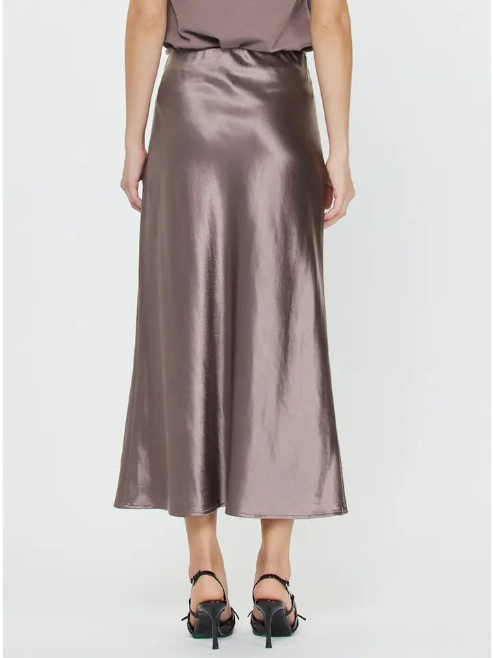 MAUVE/PEWTER SATIN SLIP MIDI SKIRT